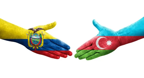 stock image Handshake between Azerbaijan and Ecuador flags painted on hands, isolated transparent image.