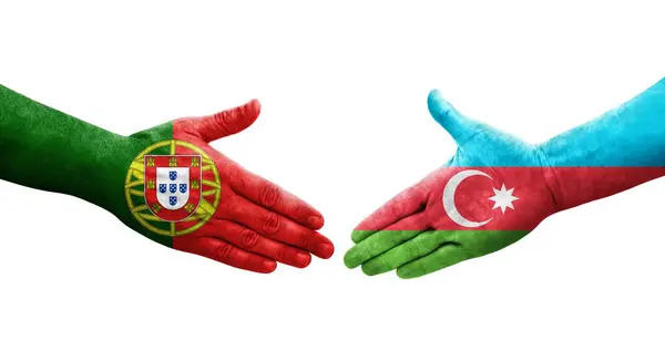 Apretón Manos Entre Azerbaiyán Portugal Banderas Pintadas Las Manos Imagen —  Fotos de Stock