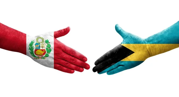 Χειραψία Μεταξύ Μπαχαμών Και Περού Σημαίες Ζωγραφισμένα Στα Χέρια Απομονωμένη — Φωτογραφία Αρχείου
