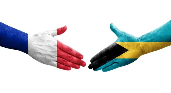 Aperto Mão Entre Bahamas França Bandeiras Pintadas Mãos Imagem Transparente — Fotografia de Stock