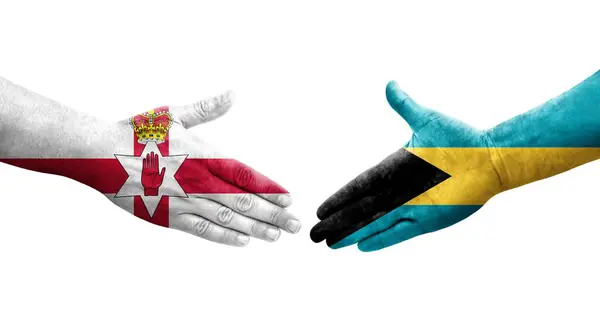 Kézfogás Bahamák Észak Írország Zászlók Festett Kézen Elszigetelt Átlátszó Kép — Stock Fotó