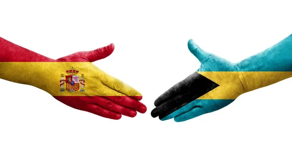 Handshake Bahamas Spain Flags Painted Hands Isolated Transparent Image — Stock Photo, Image