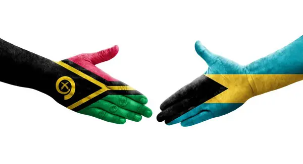 Aperto Mão Entre Bahamas Bandeiras Vanuatu Pintadas Mãos Imagem Transparente — Fotografia de Stock