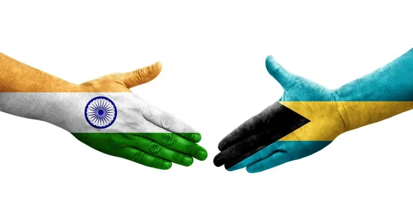 Aperto Mão Entre Bahamas Índia Bandeiras Pintadas Mãos Imagem Transparente — Fotografia de Stock