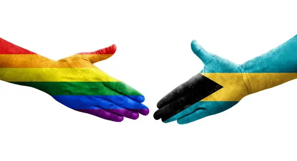巴哈马和男女同性恋 双性恋和变性者国旗之间的握手 孤立透明的图像 — 图库照片