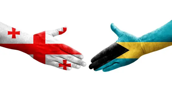 Kézfogás Bahama Szigetek Grúzia Zászlók Festett Kézen Elszigetelt Átlátszó Kép — Stock Fotó