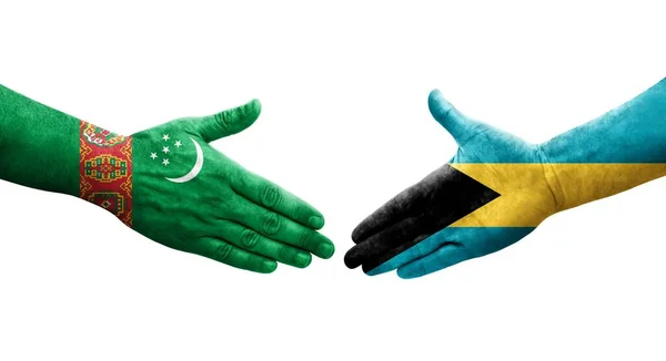 Aperto Mão Entre Bahamas Bandeiras Turquemenistão Pintadas Mãos Imagem Transparente — Fotografia de Stock
