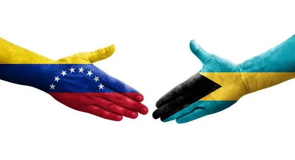 巴哈马和委内瑞拉之间的握手 手绘国旗 孤立透明的图像 — 图库照片