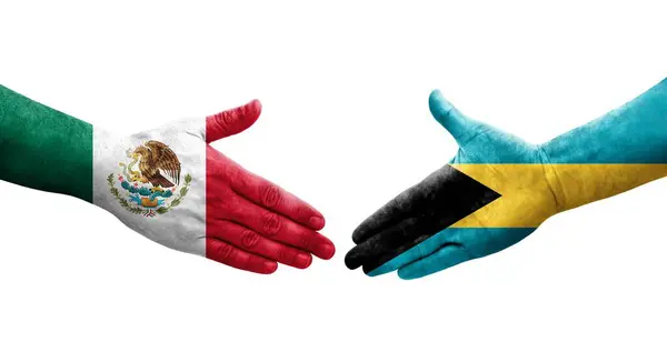 Aperto Mão Entre Bahamas Bandeiras México Pintadas Mãos Imagem Transparente — Fotografia de Stock