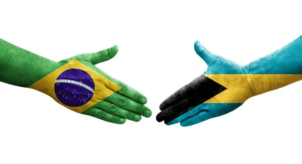 バハマとブラジルの旗の間の握手手で描かれ 隔離された透明なイメージ — ストック写真