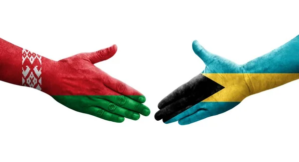 Рукостискання Між Багамськими Білоруськими Прапорами Намальоване Руках Ізольоване Прозоре Зображення — стокове фото
