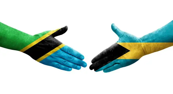 Aperto Mão Entre Bahamas Bandeiras Tanzânia Pintadas Mãos Imagem Transparente — Fotografia de Stock