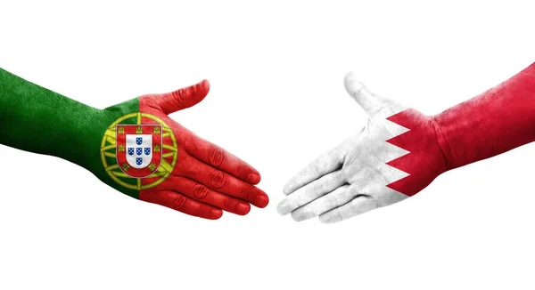 Uścisk Dłoni Między Bahrajnem Portugalią Malowane Rękach Flagi Odizolowany Przezroczysty — Zdjęcie stockowe