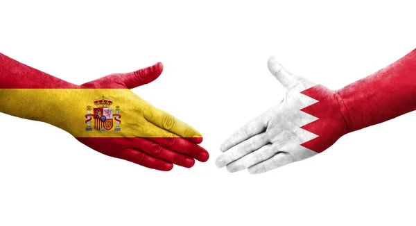 巴林和西班牙国旗之间的握手手绘 孤立透明的图像 — 图库照片