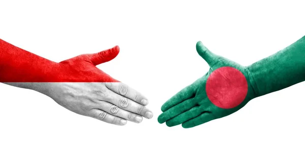 Apretón Manos Entre Bangladesh Indonesia Banderas Pintadas Las Manos Imagen — Foto de Stock