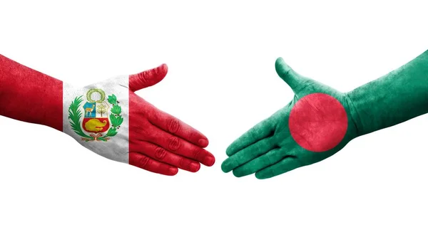 Χειραψία Μεταξύ Μπαγκλαντές Και Περού Σημαίες Ζωγραφισμένα Στα Χέρια Απομονωμένη — Φωτογραφία Αρχείου