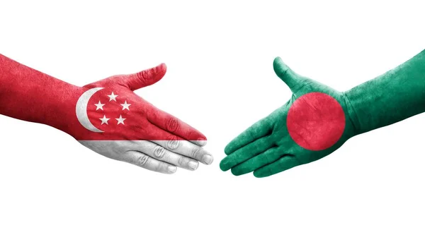 Χειραψία Μεταξύ Μπανγκλαντές Και Σιγκαπούρη Σημαίες Ζωγραφισμένα Στα Χέρια Απομονωμένη — Φωτογραφία Αρχείου