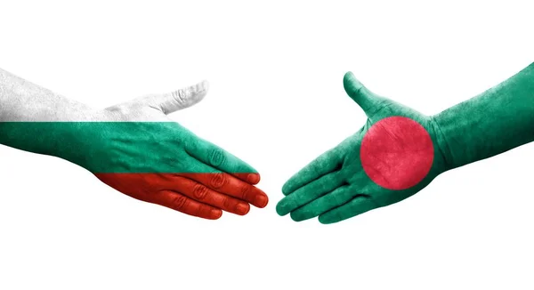 Apretón Manos Entre Bangladesh Bulgaria Banderas Pintadas Las Manos Imagen — Foto de Stock