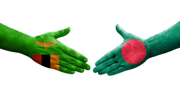Kézfogás Banglades Zambia Zászlói Között Kézre Festve Elszigetelt Átlátszó Kép — Stock Fotó