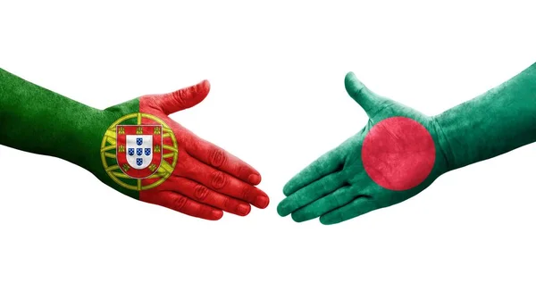 Uścisk Dłoni Między Bangladeszem Portugalią Flagi Malowane Rękach Odizolowany Przezroczysty — Zdjęcie stockowe