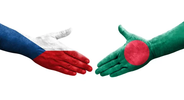 Χειραψία Μεταξύ Μπαγκλαντές Και Της Τσεχίας Σημαίες Ζωγραφισμένα Στα Χέρια — Φωτογραφία Αρχείου