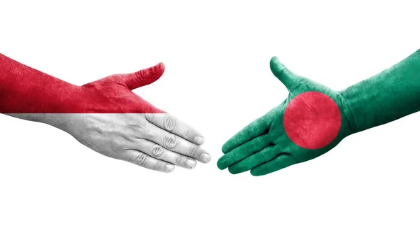 Apretón Manos Entre Bangladesh Mónaco Banderas Pintadas Las Manos Imagen — Foto de Stock