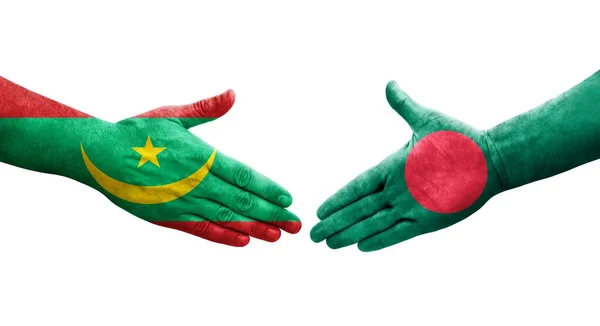 Χειραψία Μεταξύ Μπαγκλαντές Και Μαυριτανία Σημαίες Ζωγραφισμένα Στα Χέρια Απομονωμένη — Φωτογραφία Αρχείου
