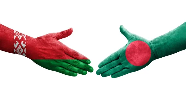 Bangladeş Belarus Bayrakları Arasındaki Sıkışma Ellerinde Boyanmış Izole Şeffaf Görüntü — Stok fotoğraf