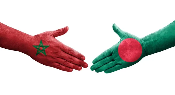 Χειραψία Μεταξύ Μπαγκλαντές Και Μαρόκου Σημαίες Ζωγραφισμένα Στα Χέρια Απομονωμένη — Φωτογραφία Αρχείου