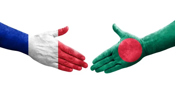 Saludo Entre Las Banderas Bangladesh Francia Pintadas Las Manos Imagen — Foto de Stock