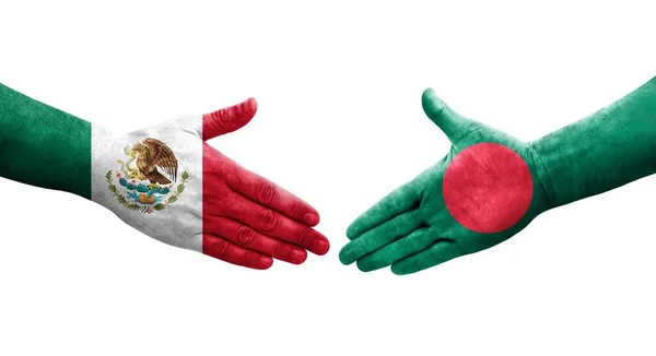 Kézfogás Banglades Mexikó Között Kézre Festett Zászlók Elszigetelt Átlátszó Kép — Stock Fotó