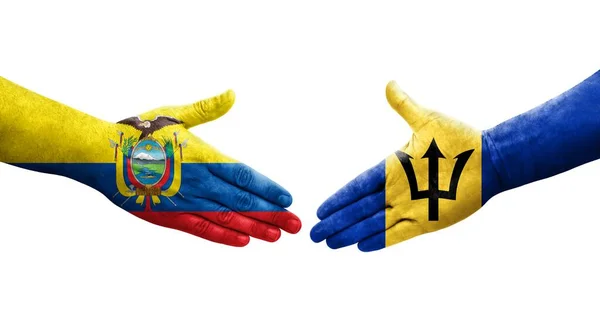 Handslag Mellan Barbados Och Ecuador Flaggor Målade Händer Isolerad Transparent — Stockfoto