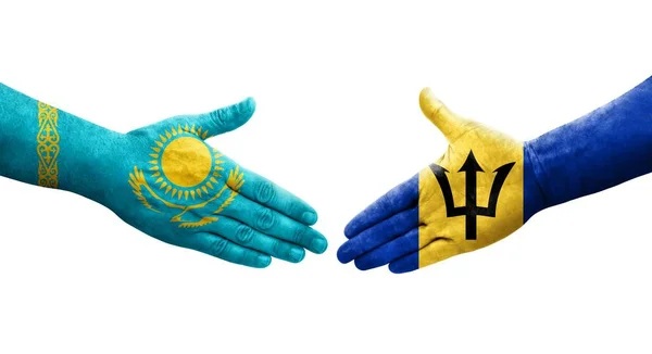 Рукостискання Між Барбадосом Казахстаном Прапори Намальовані Руках Ізольоване Прозоре Зображення — стокове фото
