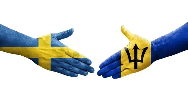 Рукопожатие Между Барбадосом Шведскими Флагами Нарисованное Руках Изолированное Прозрачное Изображение — стоковое фото