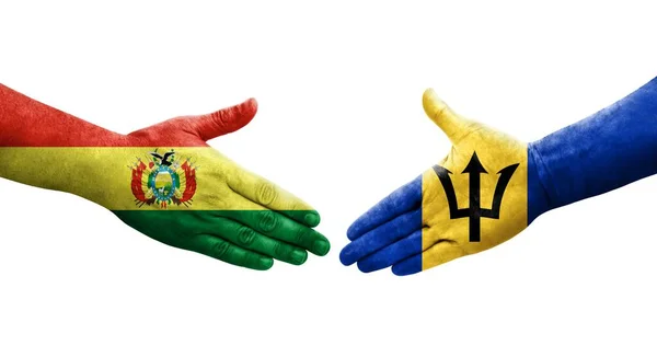 Handdruk Tussen Barbados Bolivia Vlaggen Geschilderd Handen Geïsoleerd Transparant Beeld — Stockfoto