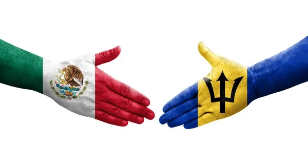 Handslag Mellan Barbados Och Mexiko Flaggor Målade Händer Isolerad Transparent — Stockfoto