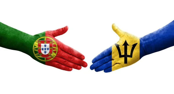 Händedruck Zwischen Barbados Und Portugal Flaggen Auf Hände Gemalt Isoliertes — Stockfoto