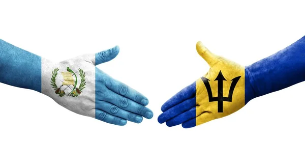 Χειραψία Μεταξύ Μπαρμπάντος Και Της Γουατεμάλας Σημαίες Ζωγραφισμένα Στα Χέρια — Φωτογραφία Αρχείου