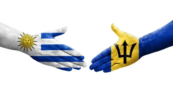 Handdruk Tussen Barbados Uruguay Vlaggen Geschilderd Handen Geïsoleerd Transparant Beeld — Stockfoto
