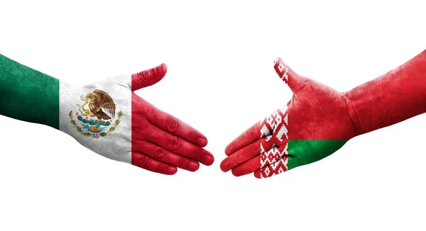 Kézfogás Fehéroroszország Mexikó Között Kézre Festett Zászlók Elszigetelt Átlátszó Kép — Stock Fotó