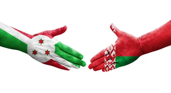 Apretón Manos Entre Belarús Burundi Banderas Pintadas Las Manos Imagen —  Fotos de Stock