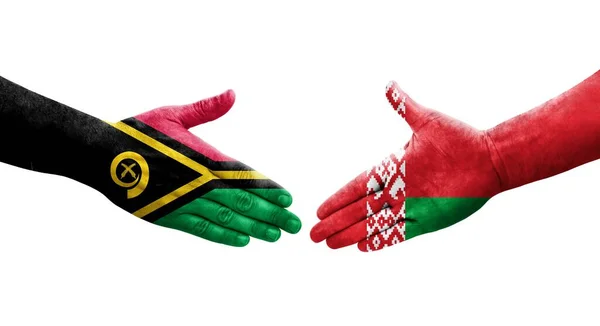 Apretón Manos Entre Bielorrusia Vanuatu Banderas Pintadas Las Manos Imagen — Foto de Stock