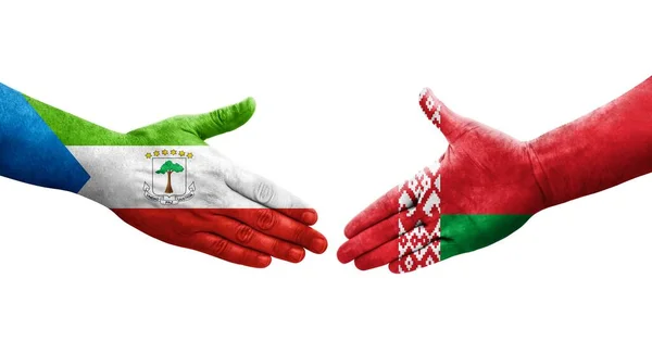 Apretón Manos Entre Belarús Guinea Ecuatorial Banderas Pintadas Las Manos — Foto de Stock