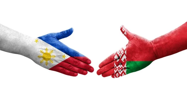 Uścisk Dłoni Między Białorusią Filipinami Flagi Malowane Rękach Odizolowany Przezroczysty — Zdjęcie stockowe