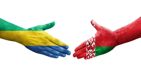 Apretón Manos Entre Belarús Gabón Banderas Pintadas Las Manos Imagen —  Fotos de Stock