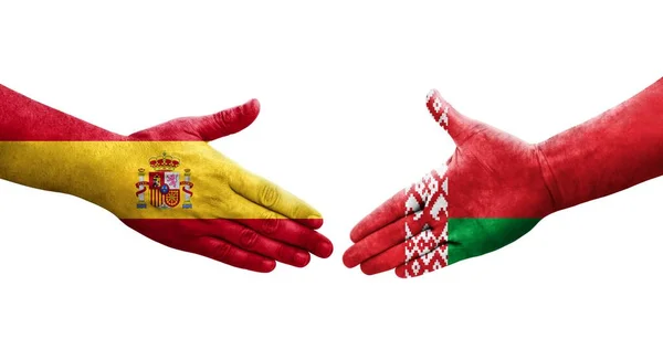 벨라루스와 스페인의 깃발을 손으로 만지작거리면서 분리되어 이미지 — 스톡 사진