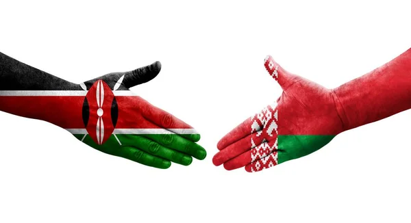 Poignée Main Entre Belarus Kenya Drapeaux Peints Sur Les Mains — Photo