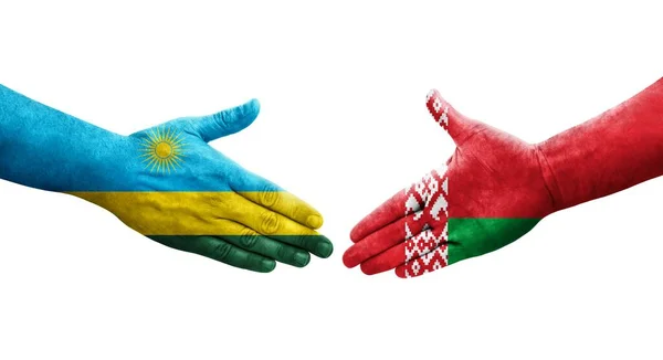 Apretón Manos Entre Belarús Ruanda Banderas Pintadas Las Manos Imagen — Foto de Stock