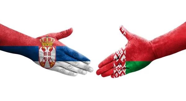 Mano Apretada Entre Bielorrusia Serbia Banderas Pintadas Las Manos Imagen — Foto de Stock