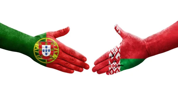 Χειραψία Μεταξύ Λευκορωσίας Και Πορτογαλίας Σημαίες Ζωγραφισμένα Στα Χέρια Απομονωμένη — Φωτογραφία Αρχείου